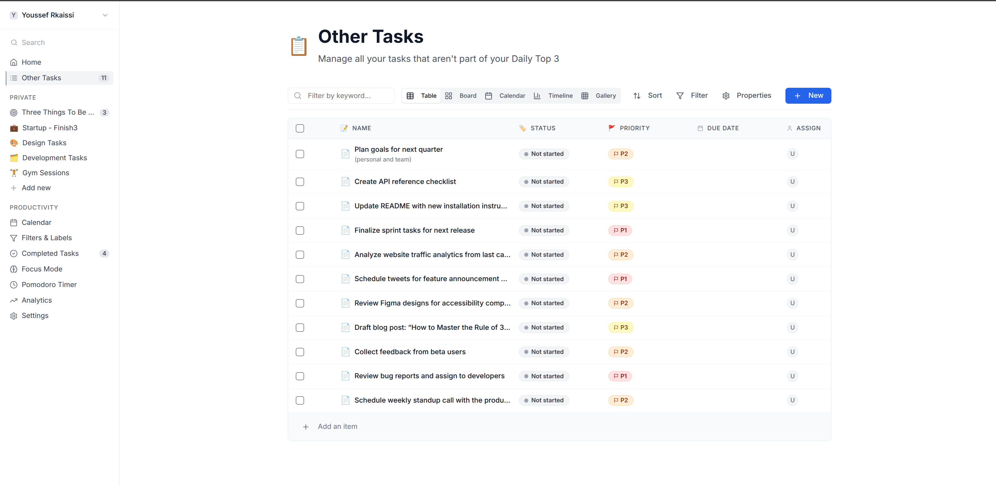 Finish3 Other Tasks view with comprehensive task management interface showing all tasks with status and priority
