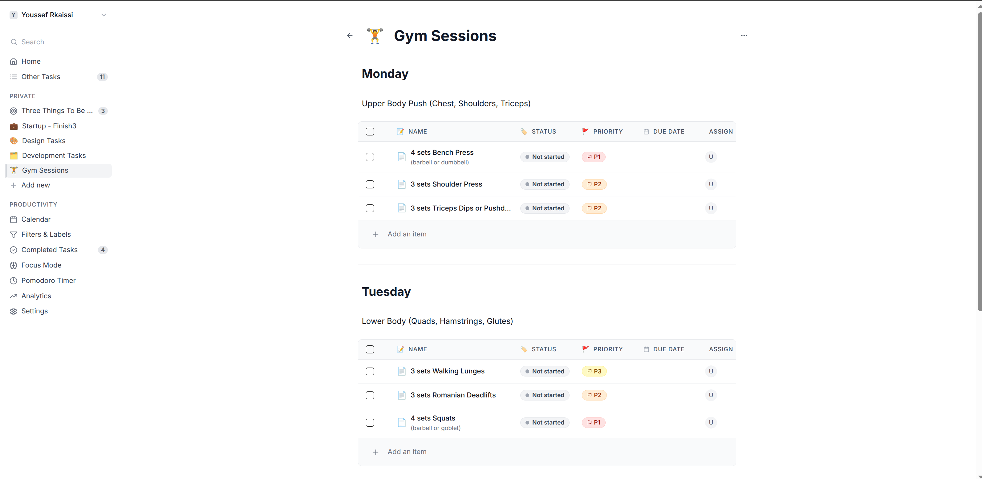 Finish3 Gym Sessions view with weekly workout planning and exercise tracking for fitness goals